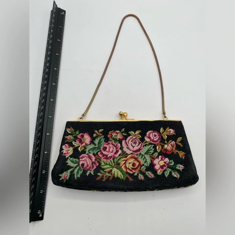 Floral Needlepoint Evening Clutch in Black with Pink Roses Vintage